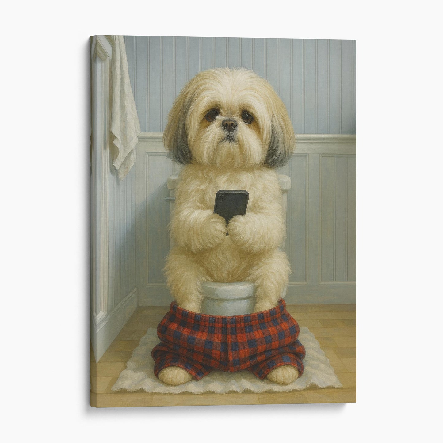 Shih Tzu Dog On The Phone On The Toilet