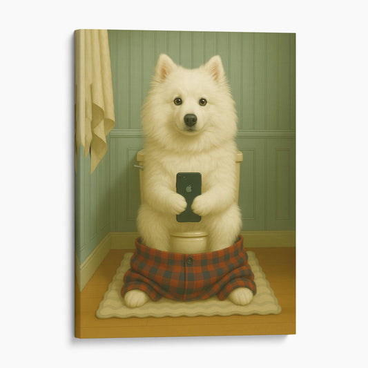 American Eskimo Dog On The Phone On The Toilet