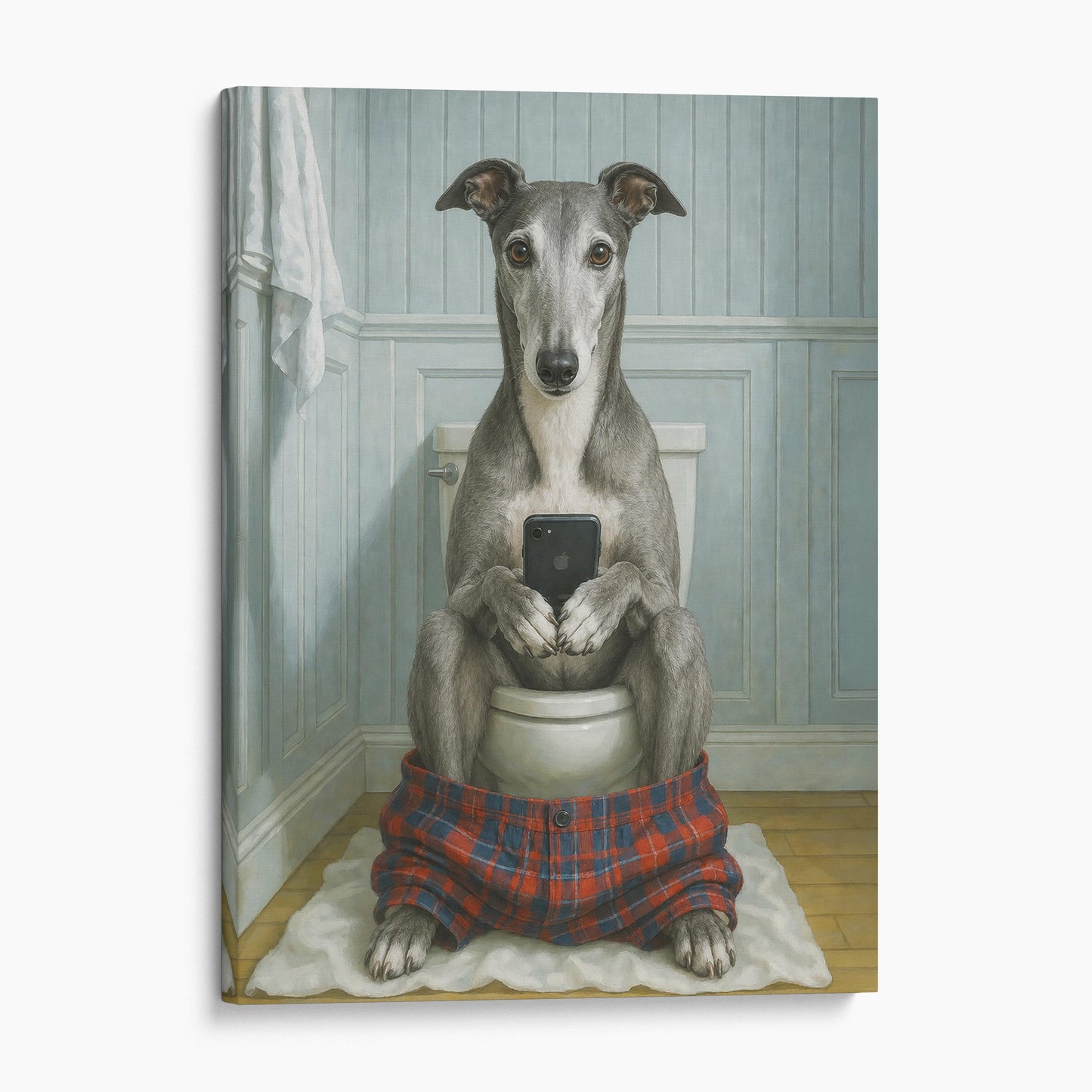 Greyhound Dog On The Phone On The Toilet
