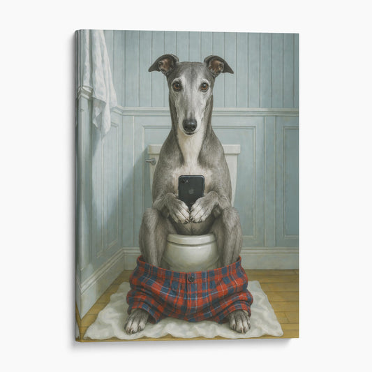 Greyhound Dog On The Phone On The Toilet