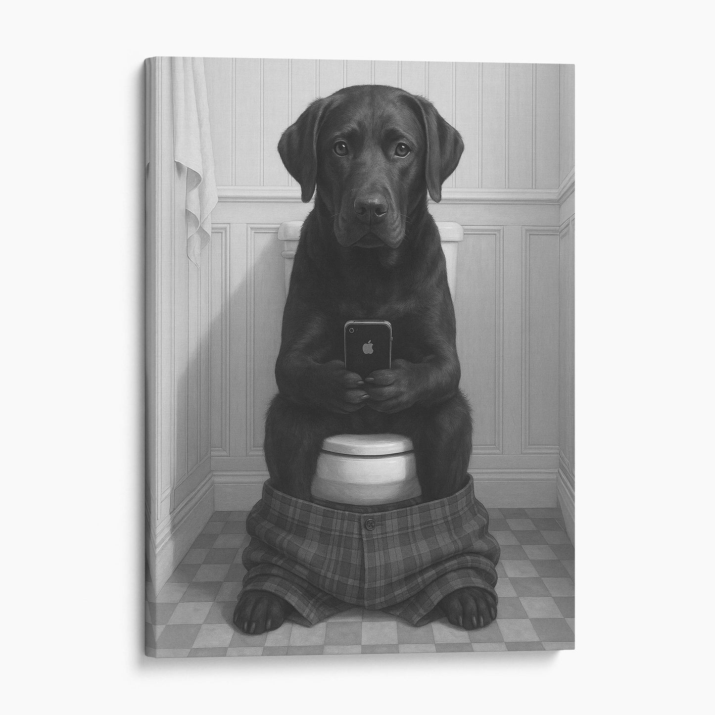 Black Labrador Retriever Dog On The Phone On The Toilet