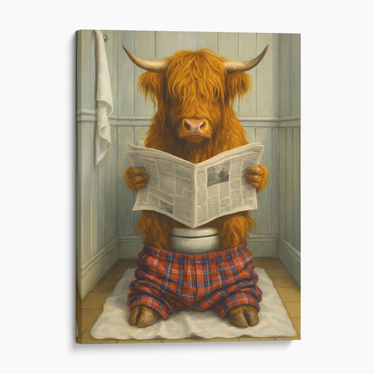 Highland Cow Reading The Newspaper On The Toilet