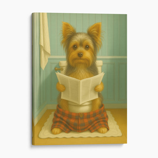 Yorkshire Terrier Dog Reading The Newspaper On The Toilet