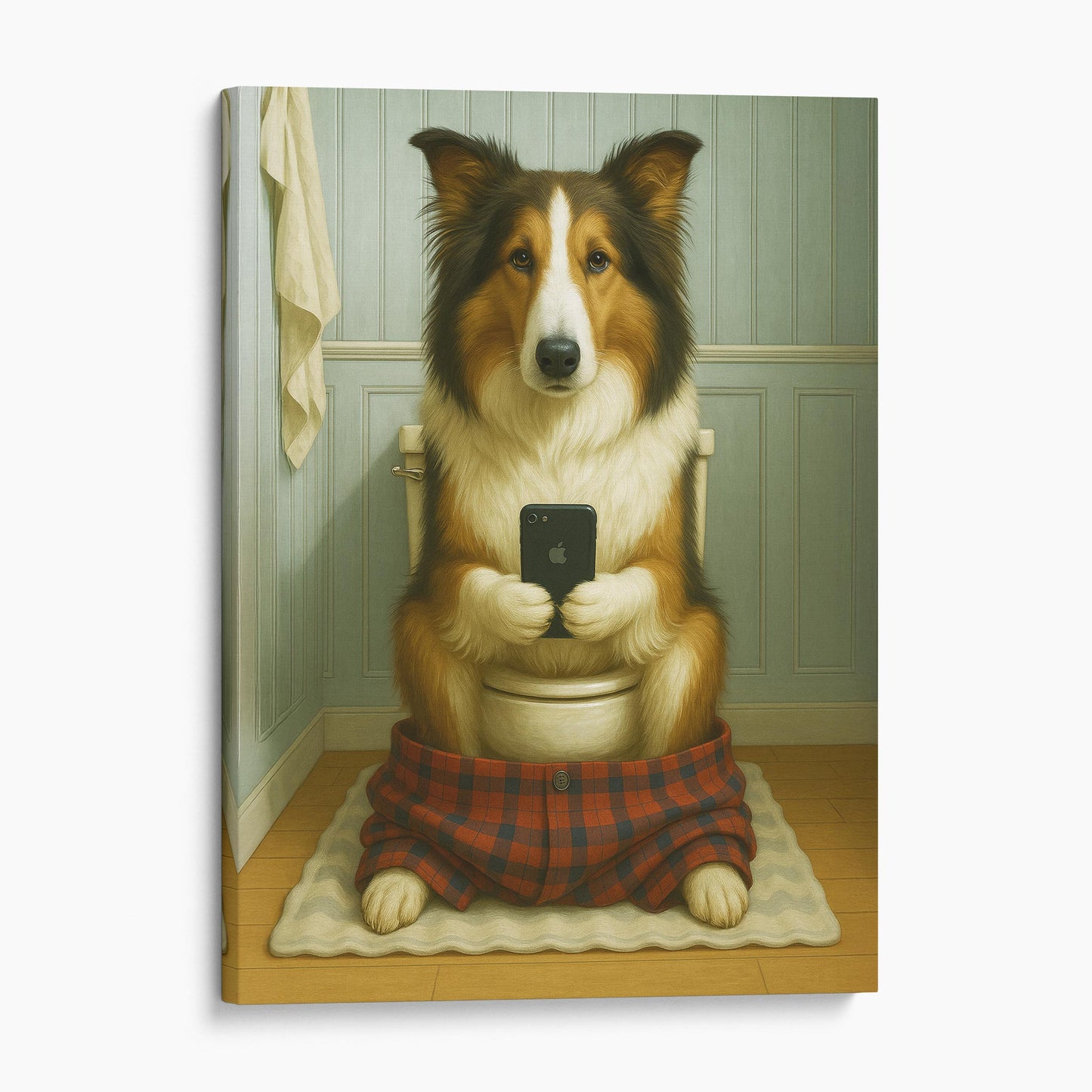 Collie Dog On The Phone On The Toilet