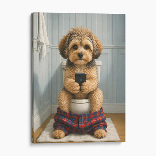 Yorkipoo Dog On The Phone On The Toilet