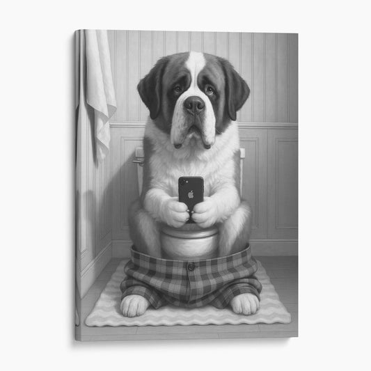 Saint Bernard Dog On The Phone On The Toilet