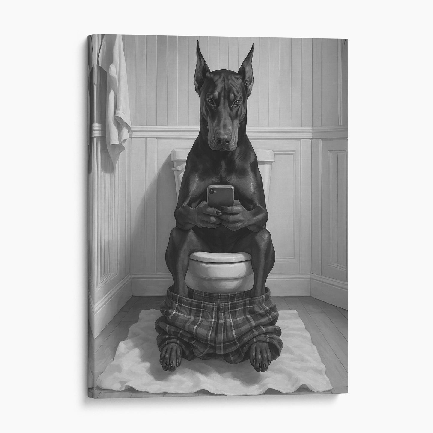 Dobermann Dog On The Phone On The Toilet