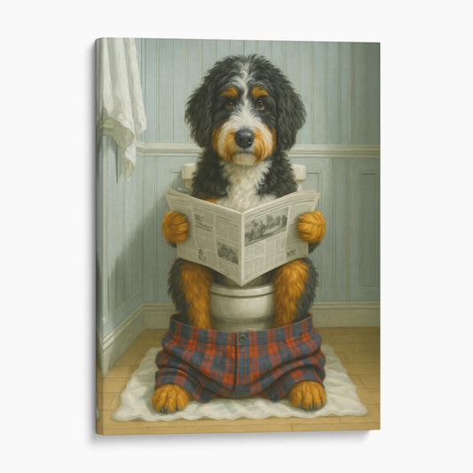 Bernedoodle Dog Reading The Newspaper On The Toilet
