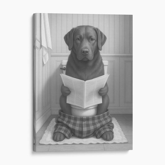 Chocolate Labrador Dog Reading The Newspaper On The Toilet