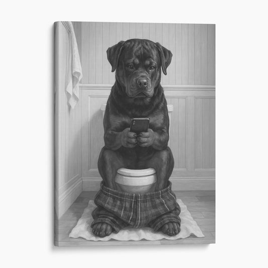 Rottweiler Dog On The Phone On The Toilet