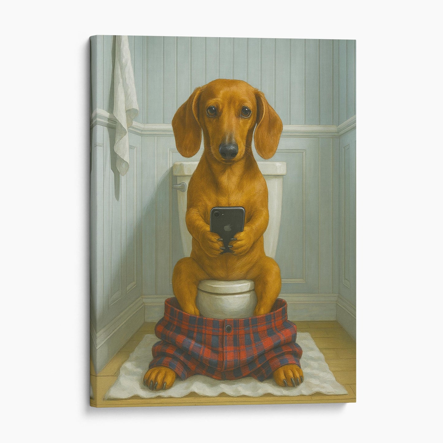 Dachshund Dog On The Phone On The Toilet