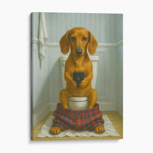 Dachshund Dog On The Phone On The Toilet