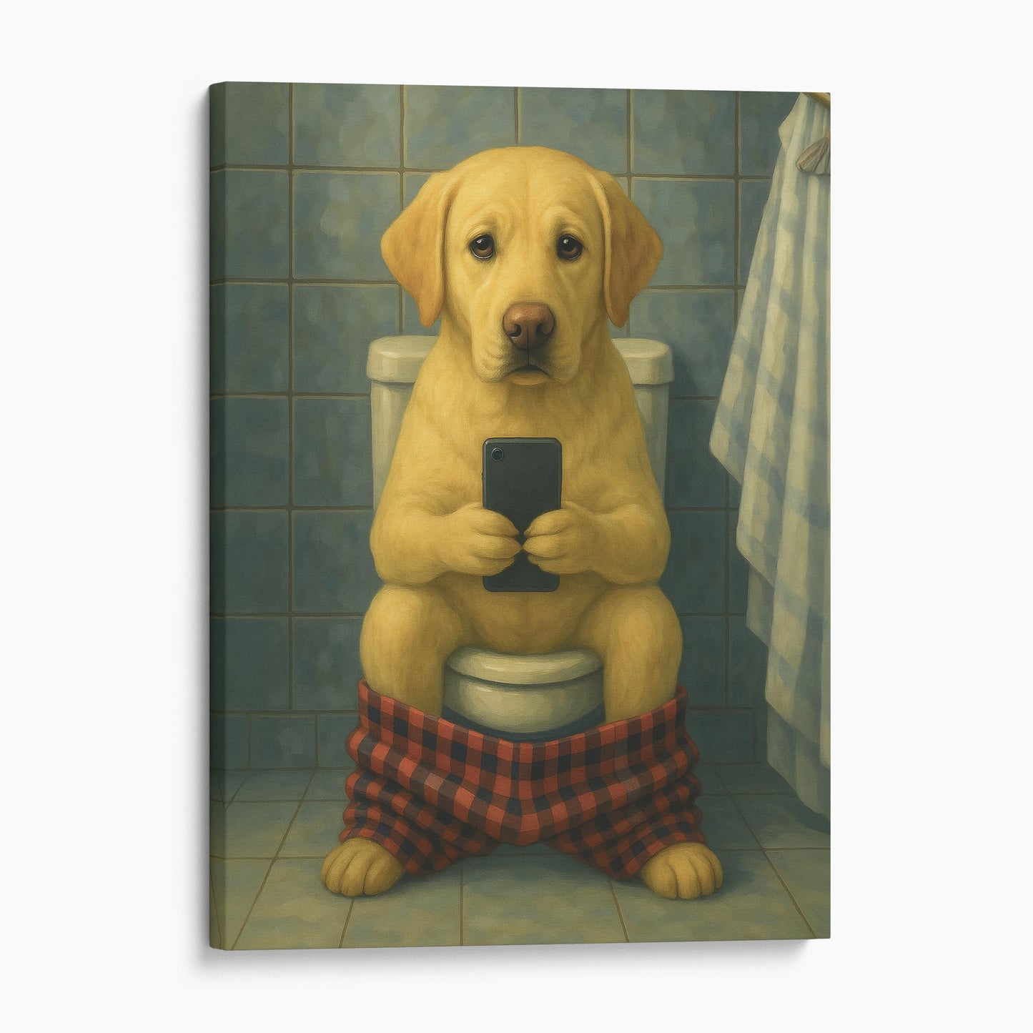 Yellow Labrador Retriever On The Phone On The Toilet