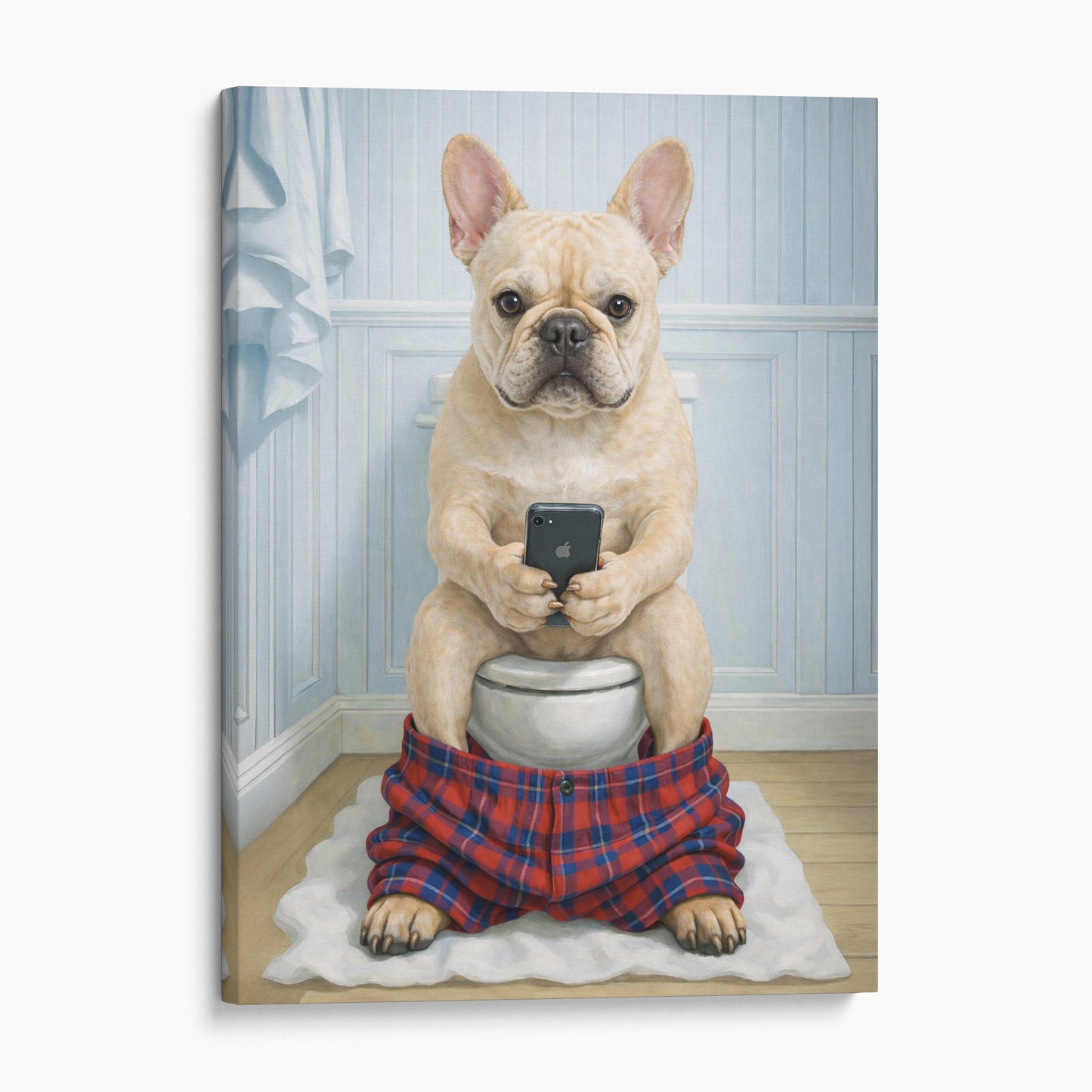 Cream French Bulldog On The Phone On The Toilet