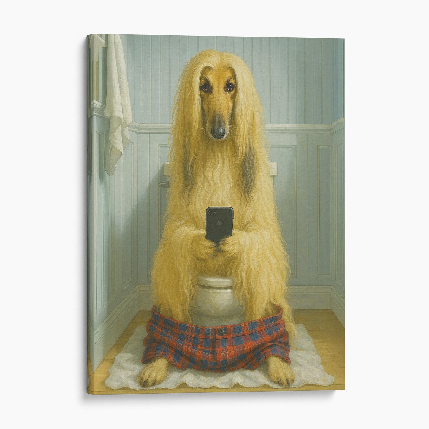 Afghan Hound Dog On The Phone On The Toilet