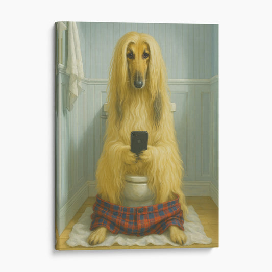 Afghan Hound Dog On The Phone On The Toilet