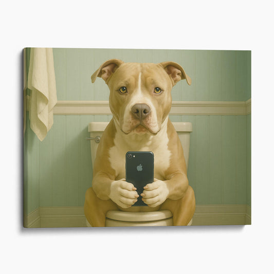 Pit Bull Dog On The Phone On The Toilet