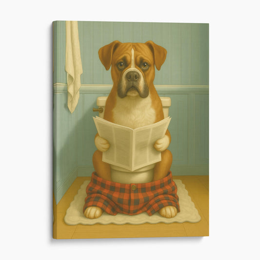 Boxer Dog Reading The Newspaper On The Toilet