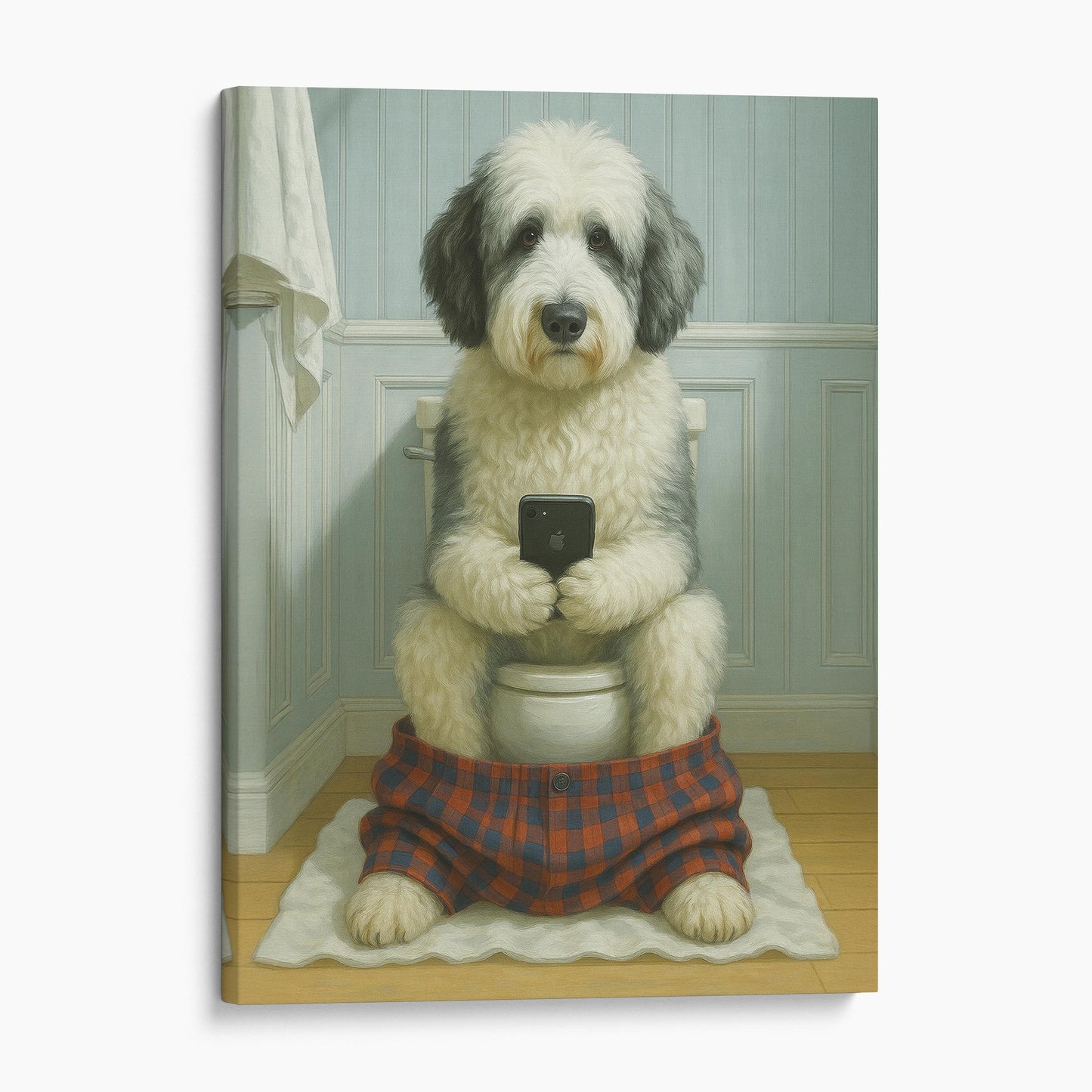 Sheepadoodle Dog On The Phone On The Toilet