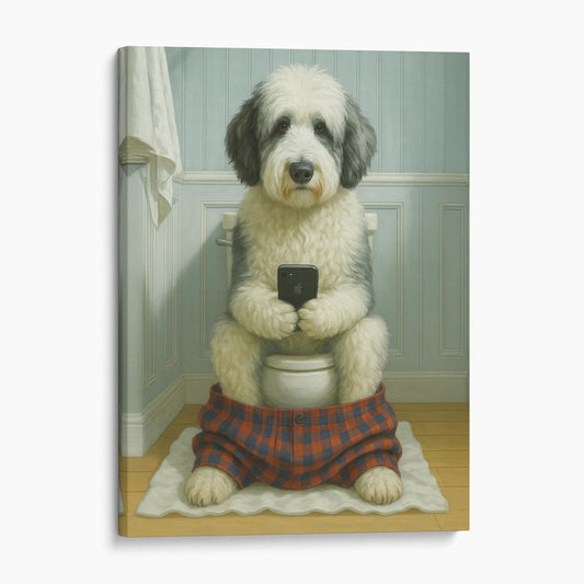 Sheepadoodle Dog On The Phone On The Toilet