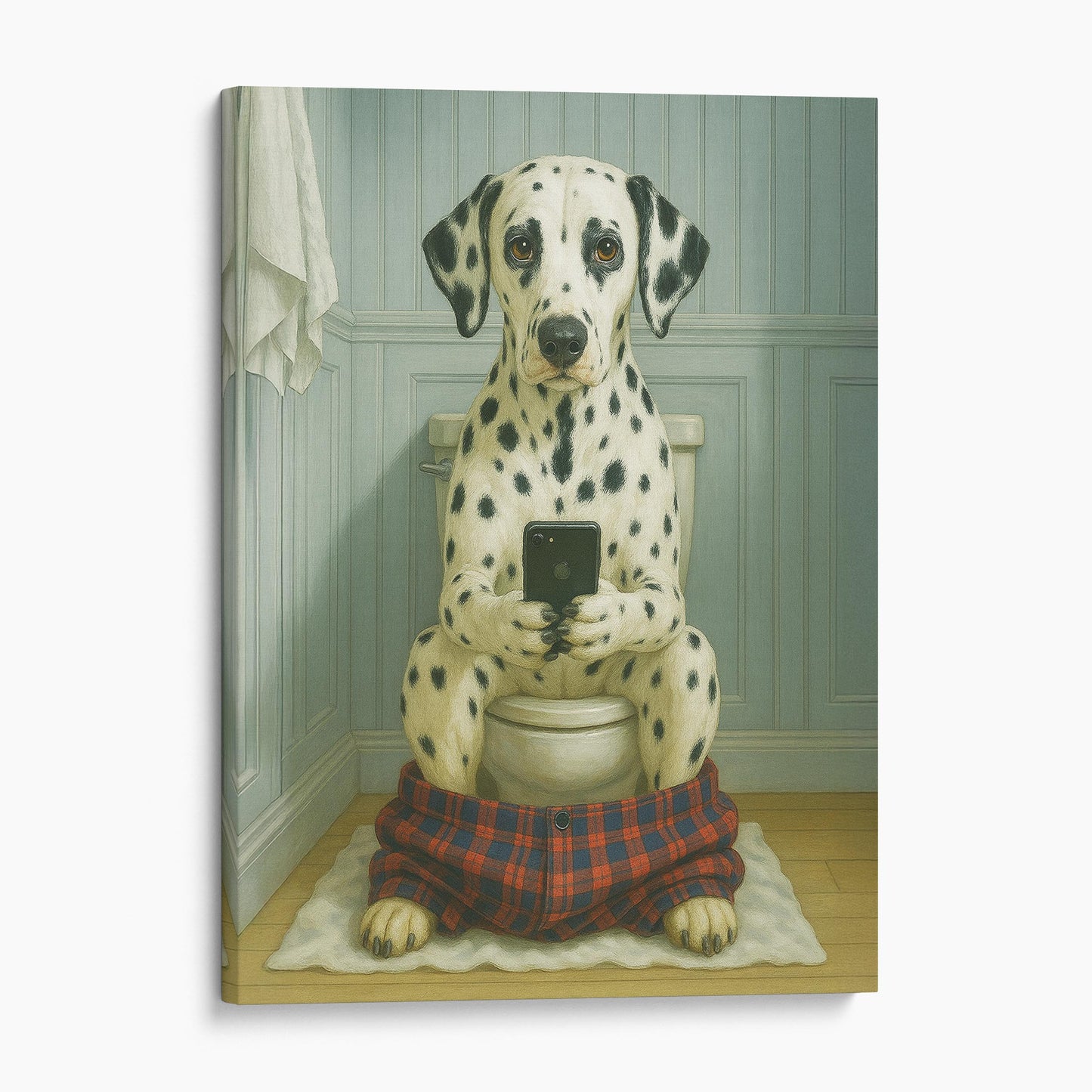 Dalmatian Dog On The Phone On The Toilet