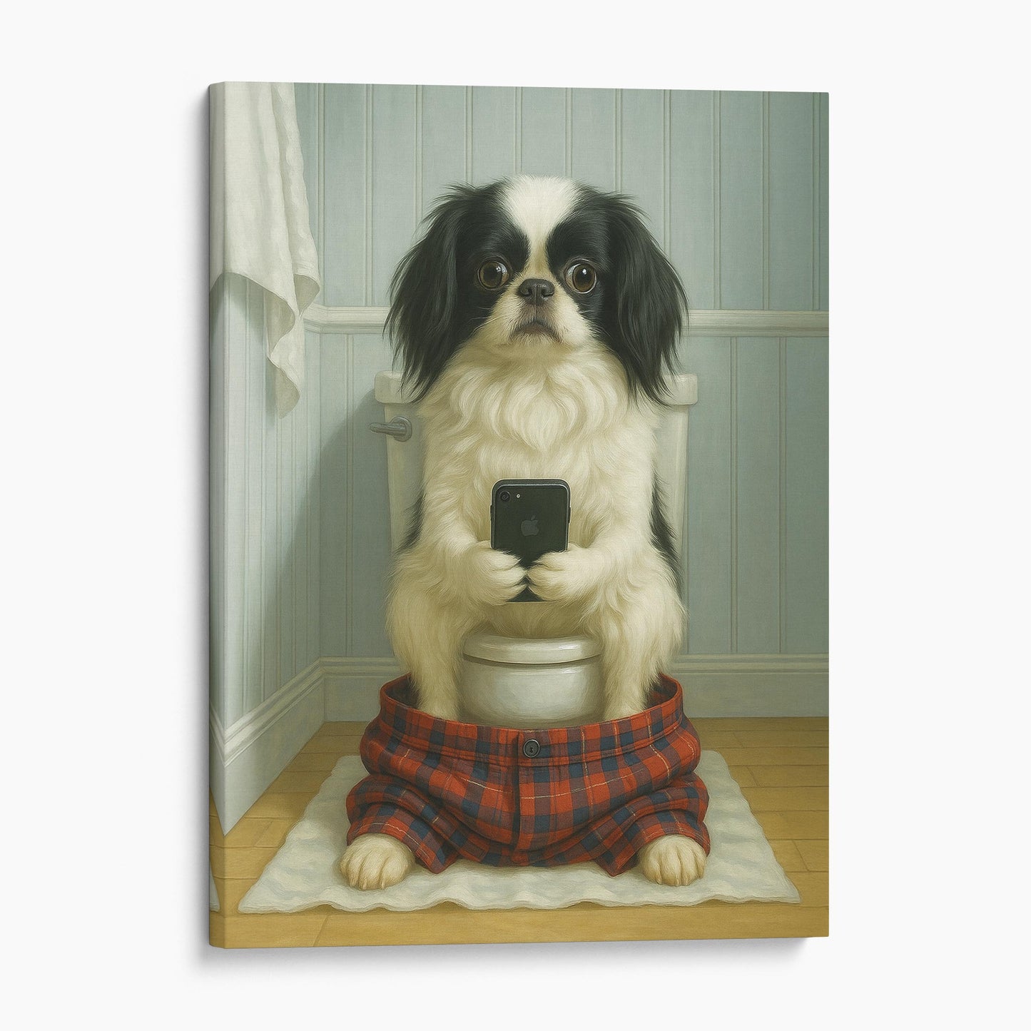 Japanese Chin Dog On The Phone On The Toilet