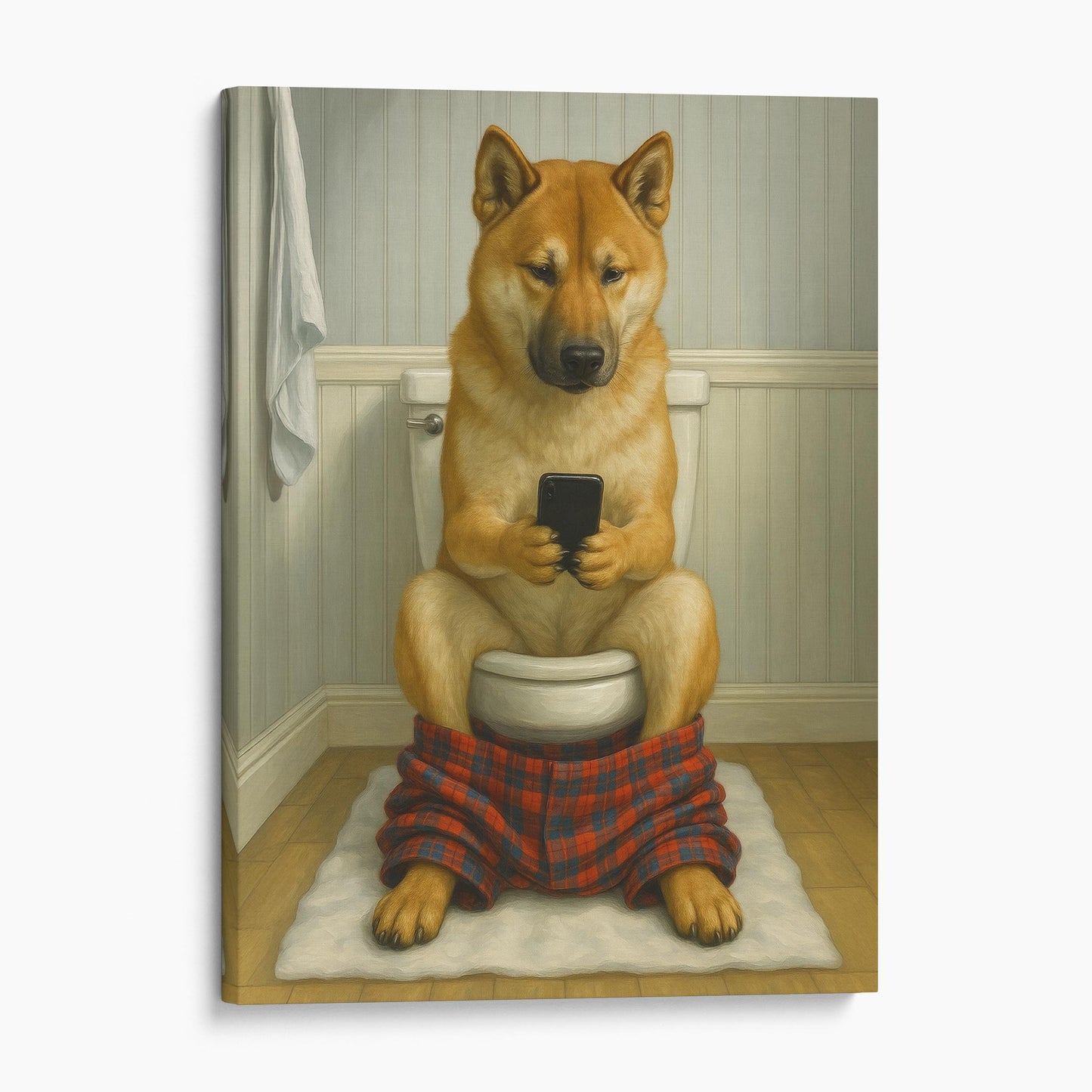 Akita Dog On The Phone On The Toilet