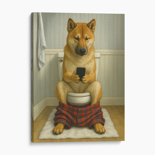 Akita Dog On The Phone On The Toilet