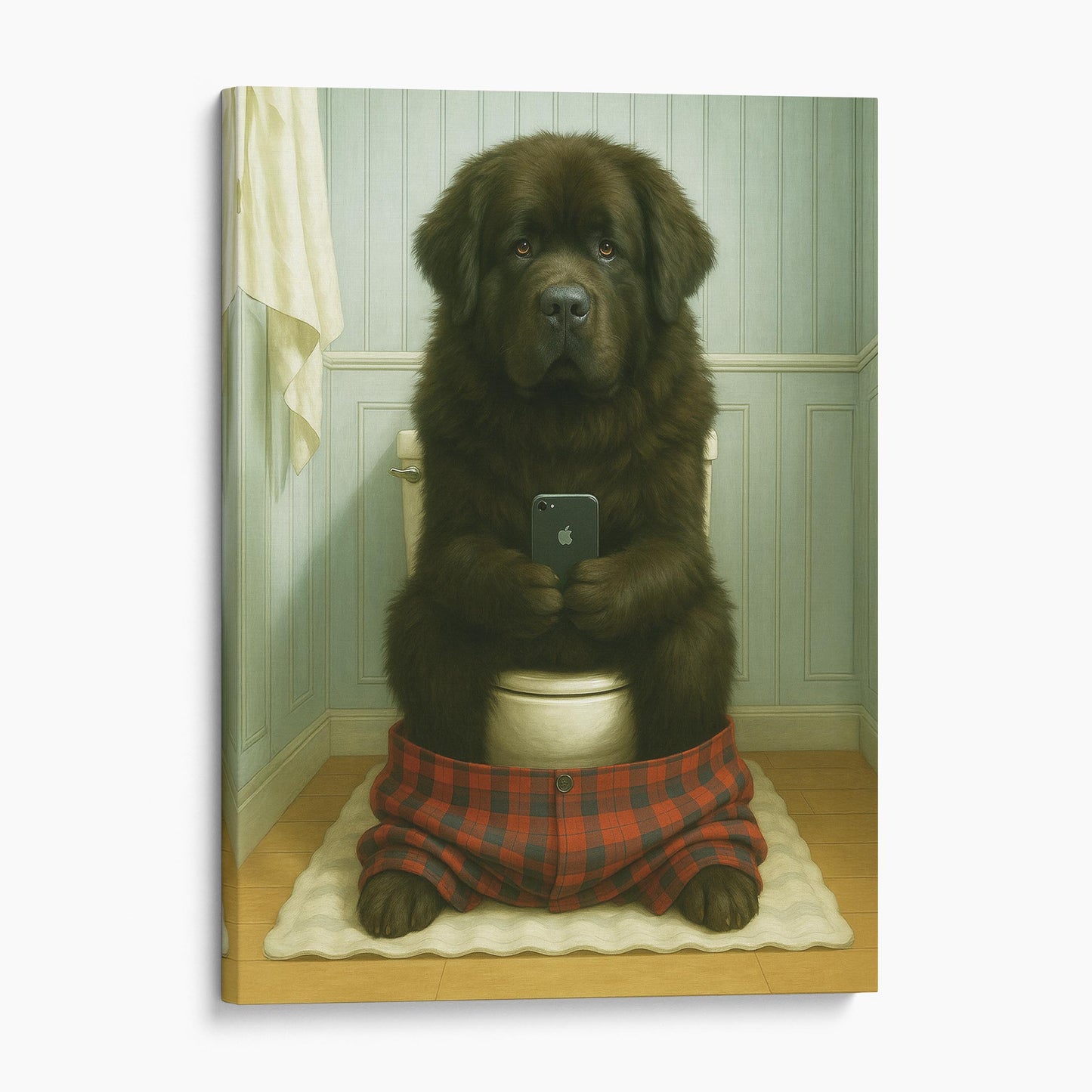 Newfoundland Dog On The Phone On The Toilet