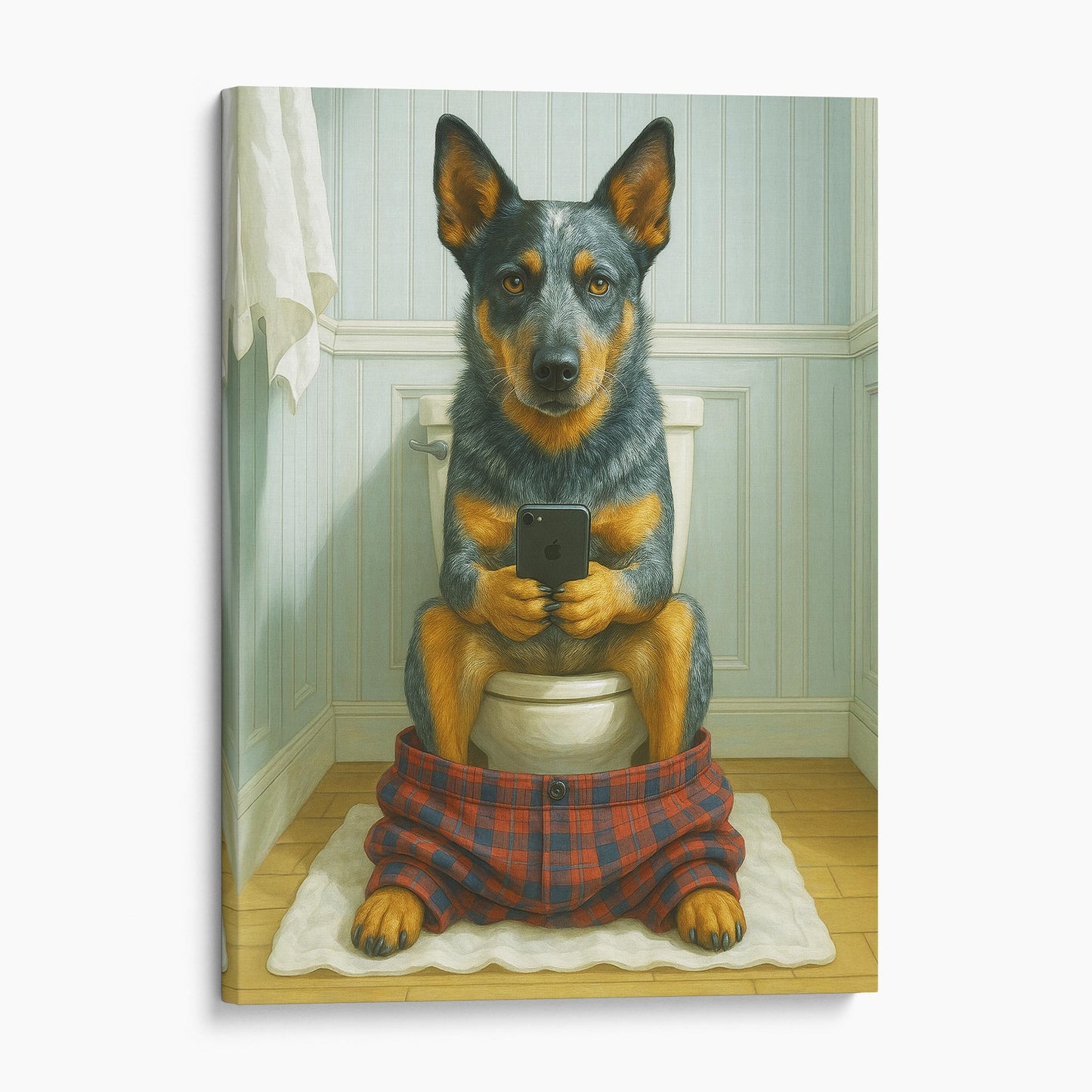 Australian Cattle Dog On The Phone On The Toilet