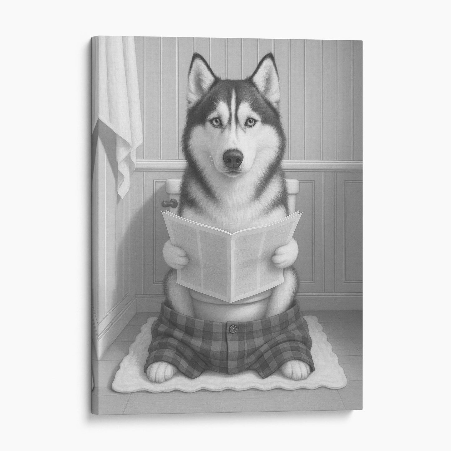 Husky Dog Reading The Newspaper On The Toilet