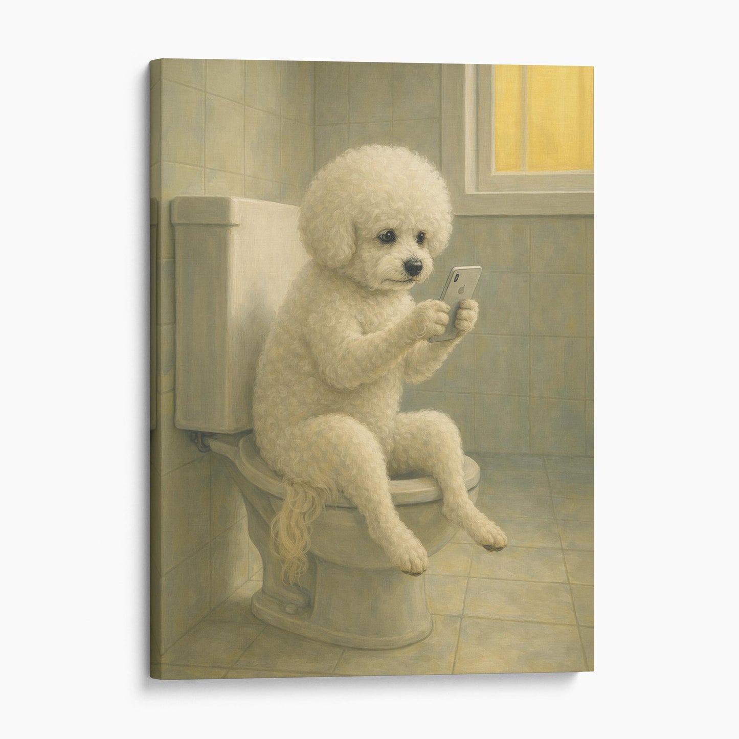 Bichon Frise Dog On The Phone On The Toilet