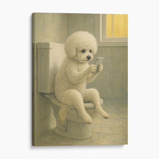 Bichon Frise Dog On The Phone On The Toilet