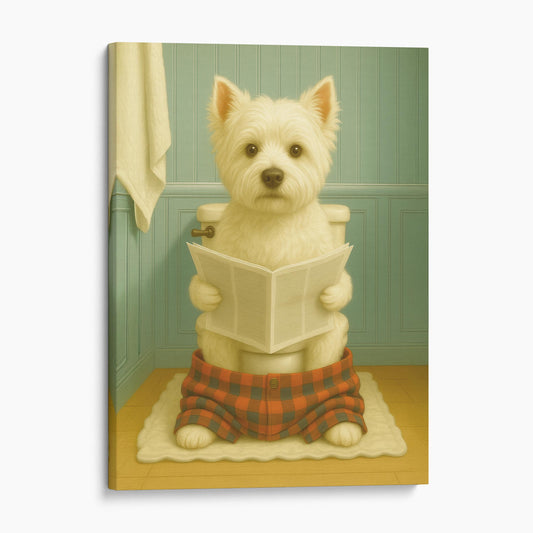 West Highland White Terrier Dog Reading The Newspaper On The Toilet