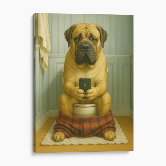 Mastiff Dog On The Phone On The Toilet