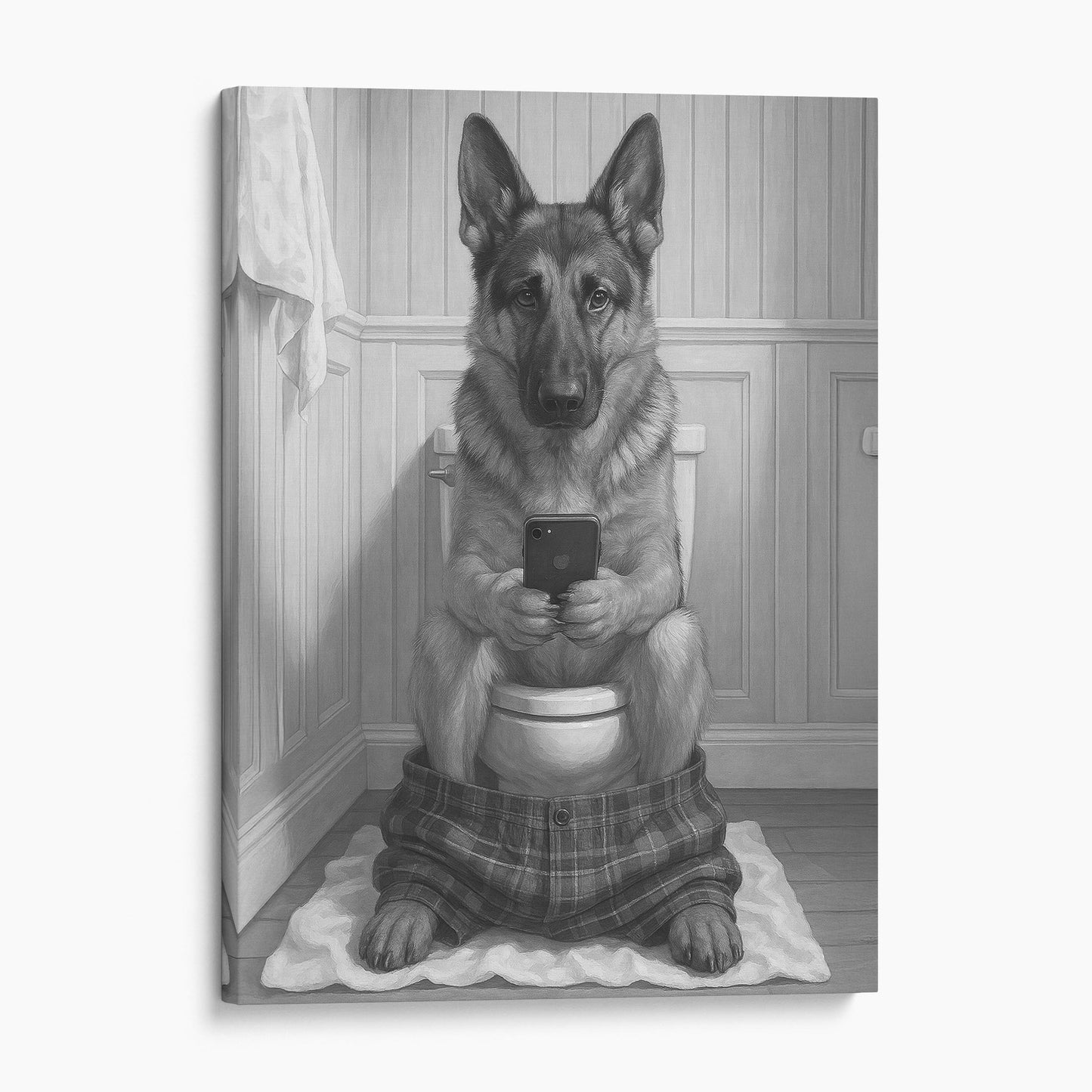 German Shepherd Dog On The Phone On The Toilet