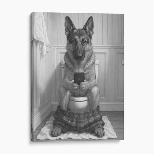 German Shepherd Dog On The Phone On The Toilet