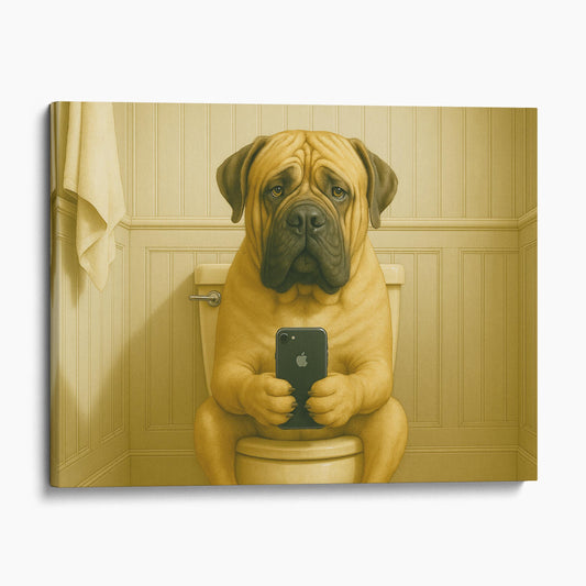 Mastiff Dog On The Phone On The Toilet