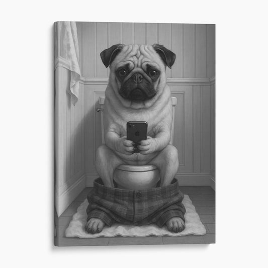 Pug Dog On The Phone On The Toilet