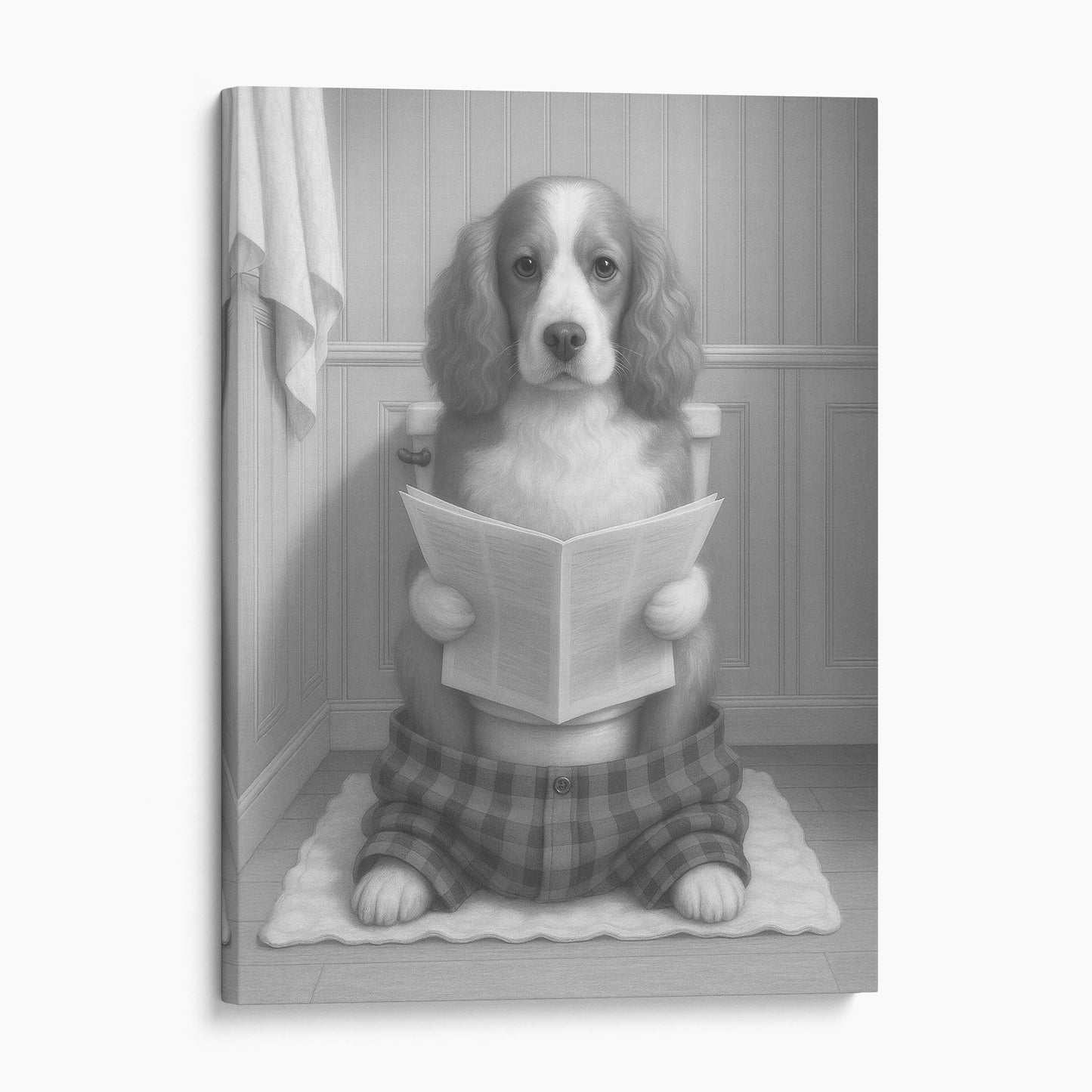 Cocker Spaniel Dog Reading The Newspaper On The Toilet