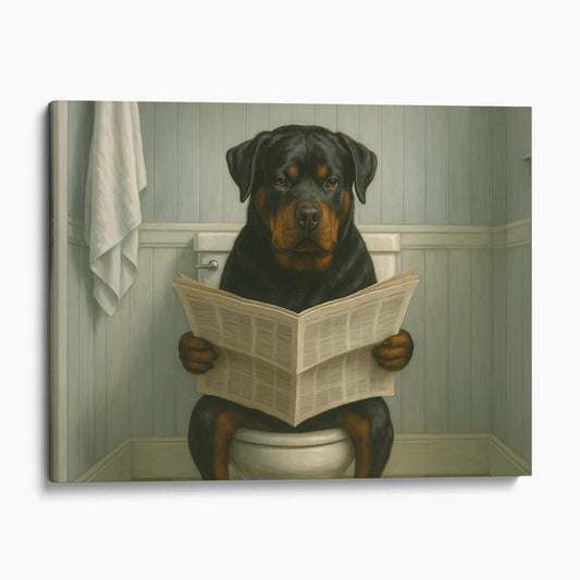 Rottweiler Reading The Newspaper On The Toilet