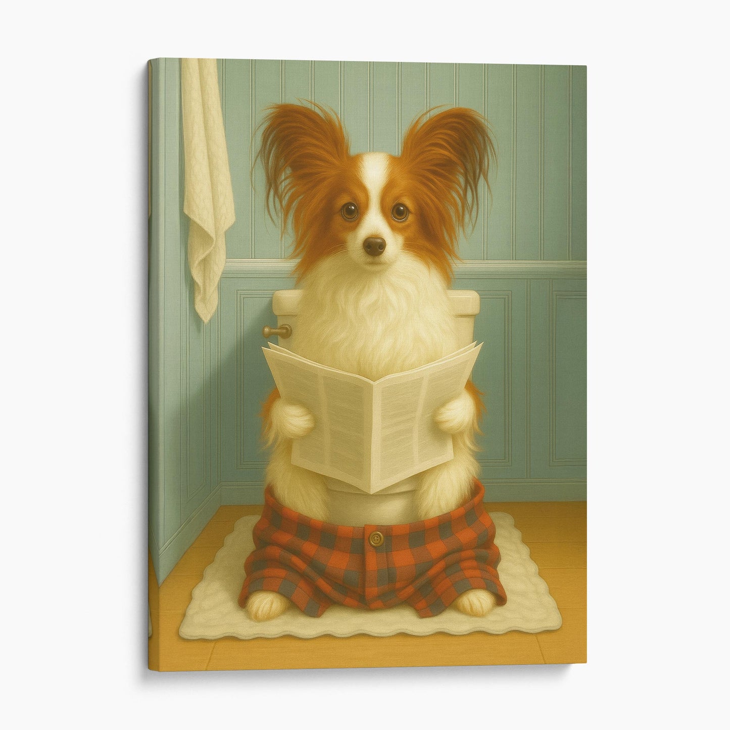 Papillon Dog Reading The Newspaper On The Toilet