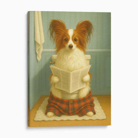 Papillon Dog Reading The Newspaper On The Toilet