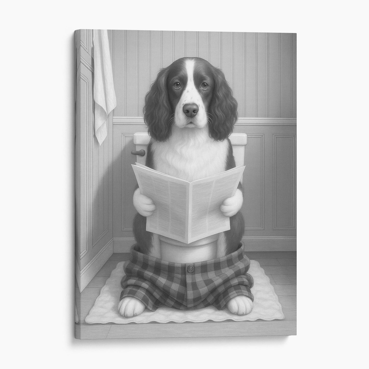 English Springer Spaniel Dog Reading The Newspaper On The Toilet