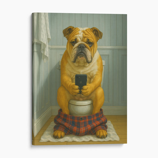 Bulldog On The Phone On The Toilet
