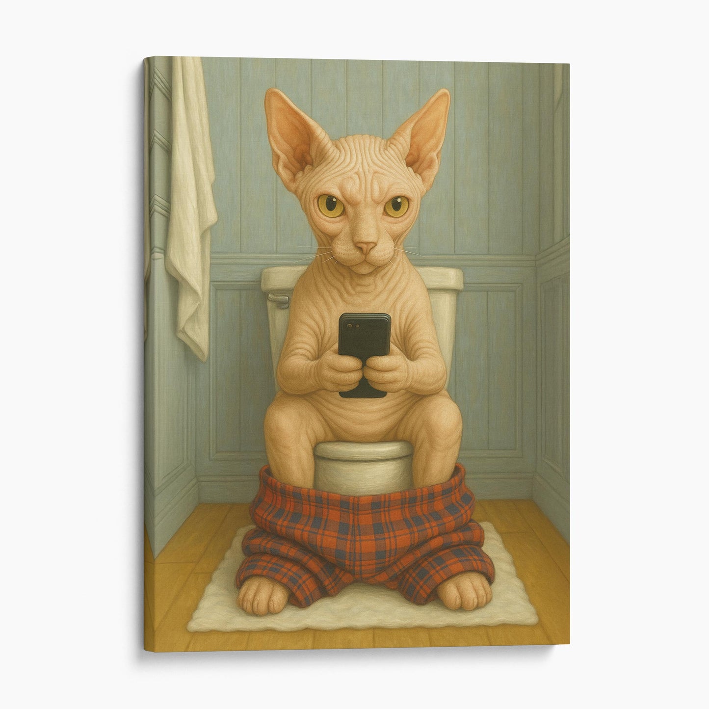 Sphynx Cat On The Phone On The Toilet