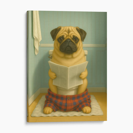 Pug Dog Reading The Newspaper On The Toilet