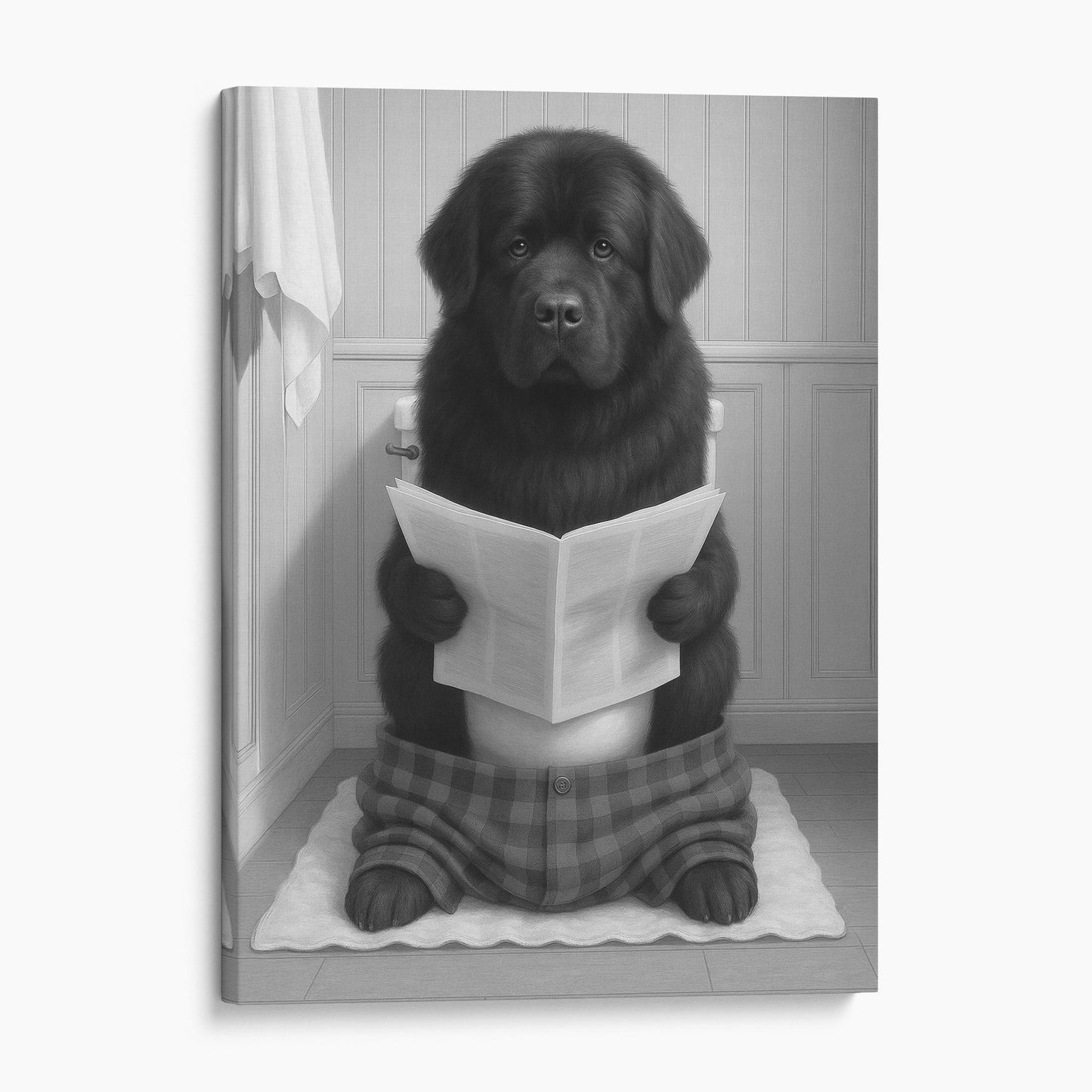 Newfoundland Dog Reading The Newspaper On The Toilet