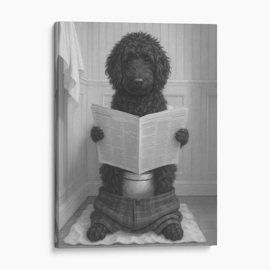 Black Golden Doodle Dog Reading The Newspaper On The Toilet