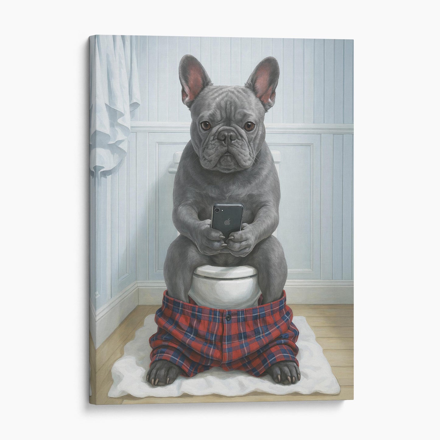 Grey French Bulldog On The Phone On The Toilet